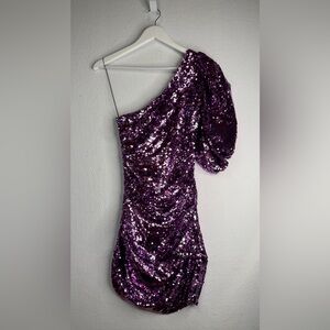 For Love And Lemons Purple Sequin One-Shoulder Dress, XS